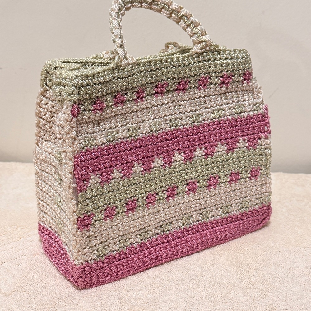 Brigit-Mary Pink Beige Crochet Floral Top Handle Satchel Handbag Knit Purse - Picture 2 of 10